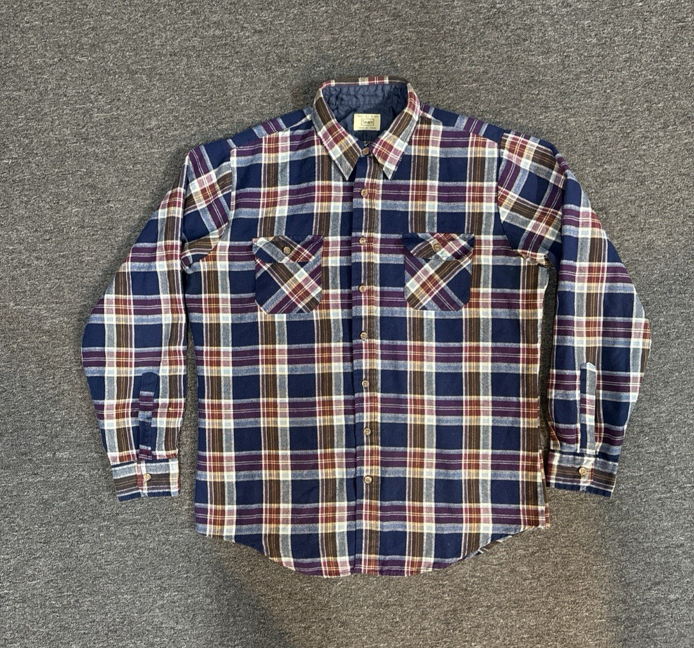 Vintage 80s Sears Men's Outdoor Flannel Blue Red Plaid L Tall 16-16 1/2